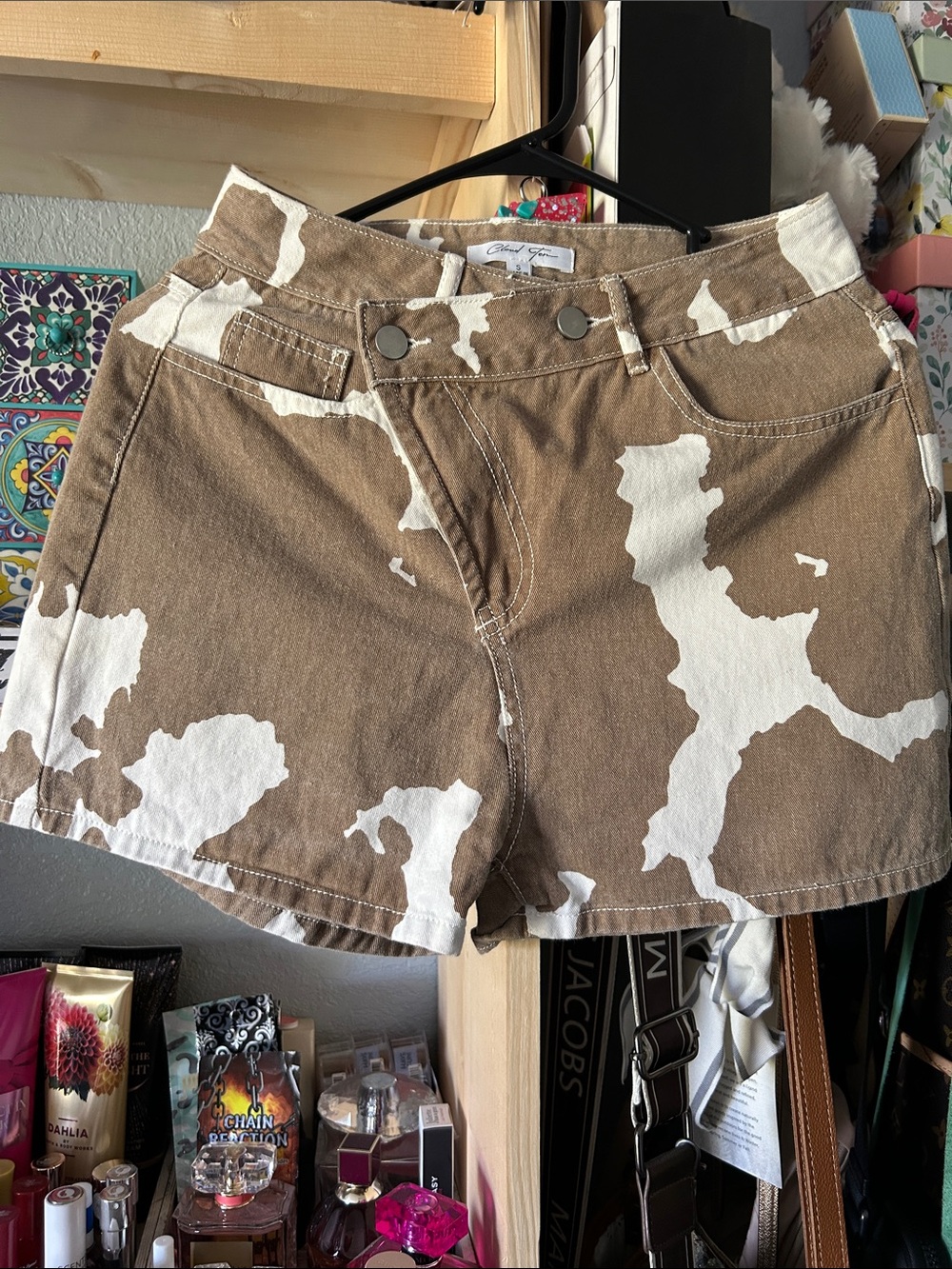 Brown & White Patterned Women's Jean Shorts by Chenille Grace